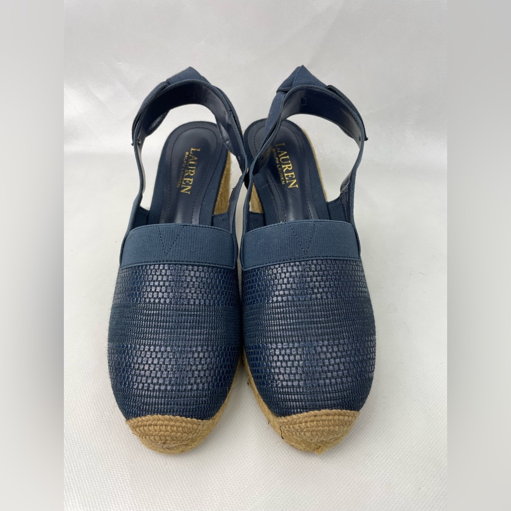 Lauren by Ralph Lauren Helma Espadrille Wedge Comfy Navy Blue Shoes Sz 8.5